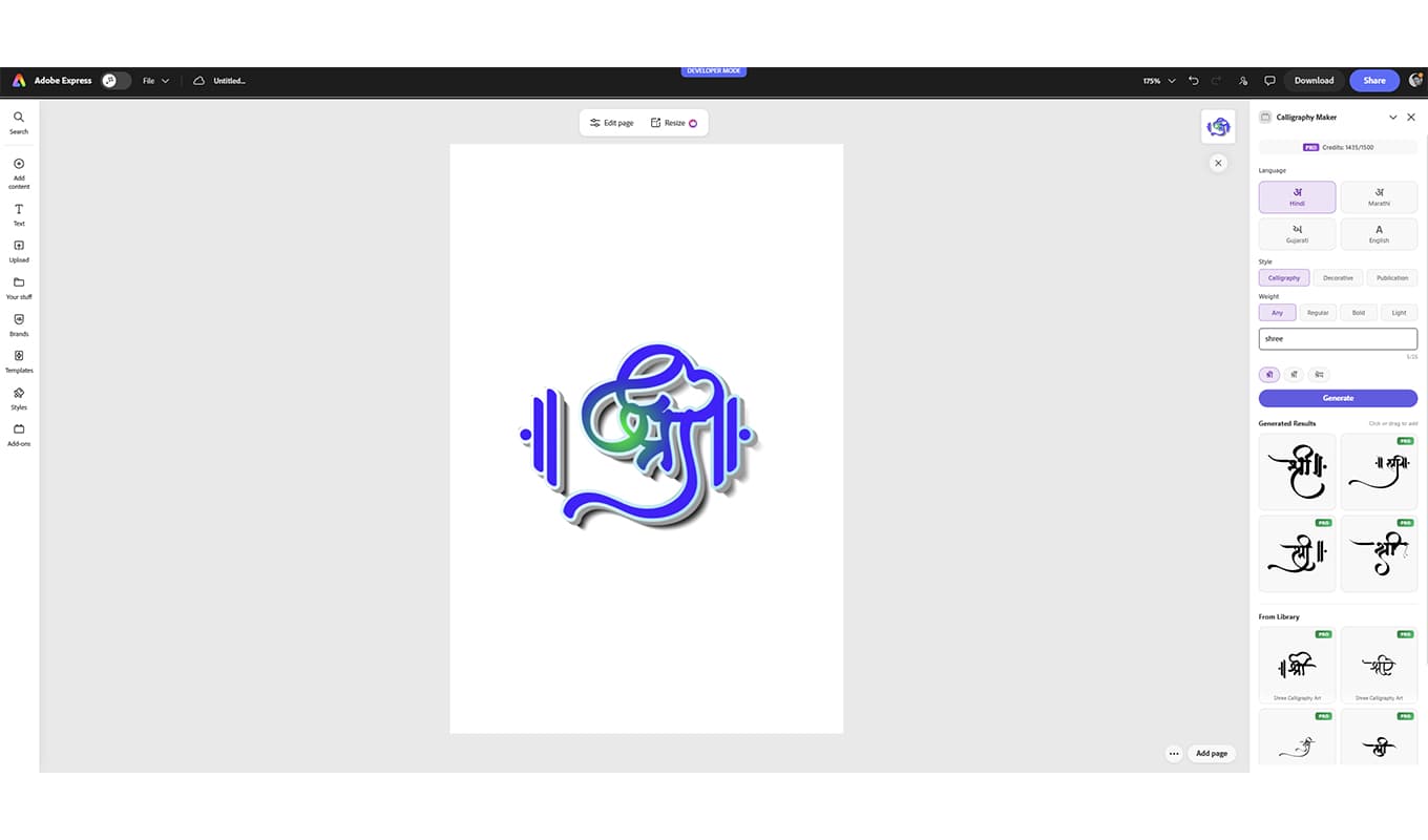 Calligraphy Maker addon running inside Adobe Express — language and style controls with a generated Devanagari calligraphy on the canvas