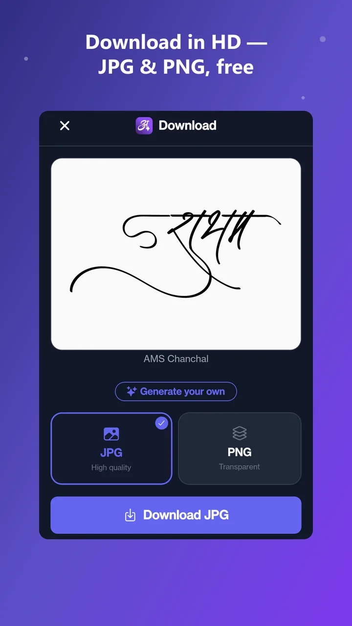 Calligraphy result opened with download options
