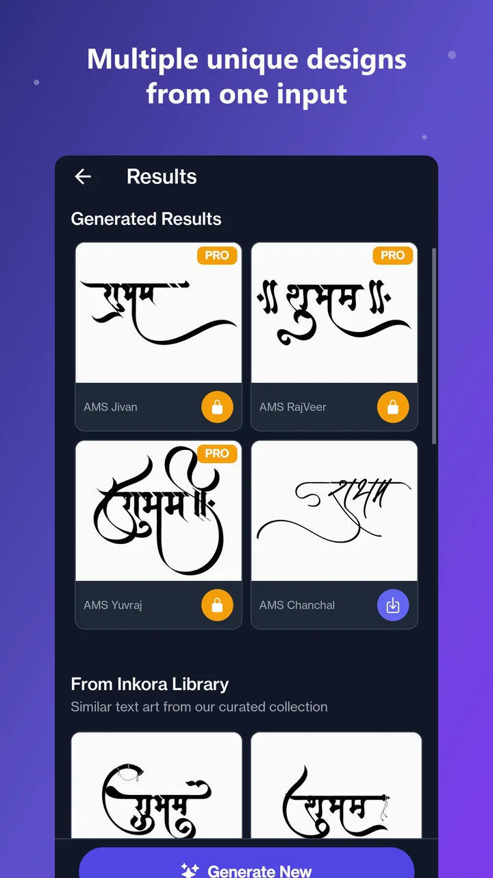 Generated calligraphy results in the app